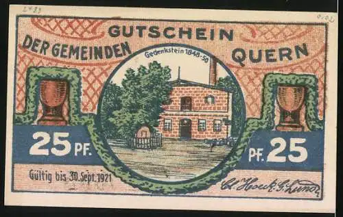 Notgeld Quern 1921, 25 Pfennig, Blick nach Dänemark, Gedenkstein 1848-50