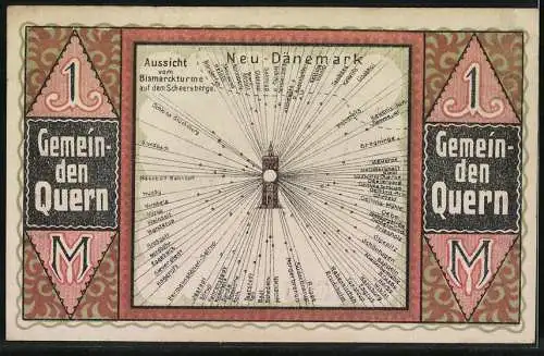 Notgeld Quern 1921, 1 Mark, Bismarck-Turm auf dem Scheersberg Aussicht vom Bismarckturm nach Neu-Dänemark