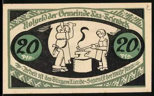 Notgeld Raa-Besenbek 1921, 20 Pfennig, Schmied bei der Arbeit