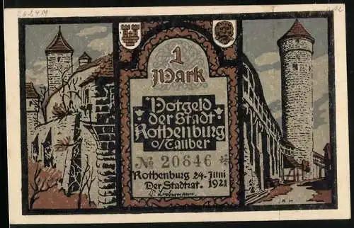 Notgeld Rothenburg o/Tauber 1921, 1 Mark, Stadtmauer, Zeichen von Liebe, Treue, Glaube und Recht beim Schlaf