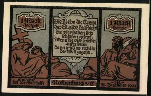 Notgeld Rothenburg o/Tauber 1921, 1 Mark, Stadtmauer, Zeichen von Liebe, Treue, Glaube und Recht beim Schlaf