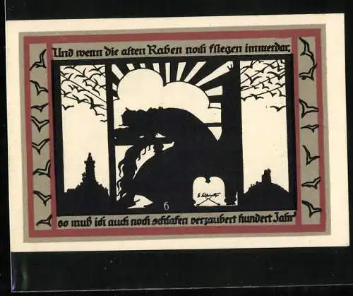 Notgeld Rossla am Kyffhäuser 1921, 25 Pfennig, wenn Raben fliegen muss ich schlafen hundert Jahr, Kirche, Kriegerdenkmal
