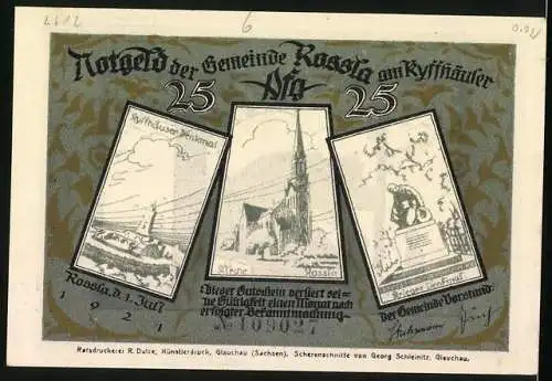 Notgeld Rossla am Kyffhäuser 1921, 25 Pfennig, wenn Raben fliegen muss ich schlafen hundert Jahr, Kirche, Kriegerdenkmal