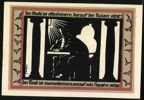 Notgeld Rossla am Kyffhäuser 1921, 25 Pfennig, Kyffhäuser-Denkmal, Krieger-Denkmal, Kaiser sitzt auf dem Stuhl am Tisch