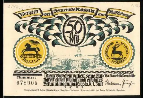 Notgeld Rossla am Kyffhäuser 1921, 50 Pfennig, Schloss Rossla, Kaiser sitzt auf dem Stuhl am Tisch