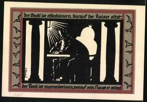 Notgeld Rossla am Kyffhäuser 1921, 50 Pfennig, Schloss Rossla, Kaiser sitzt auf dem Stuhl am Tisch