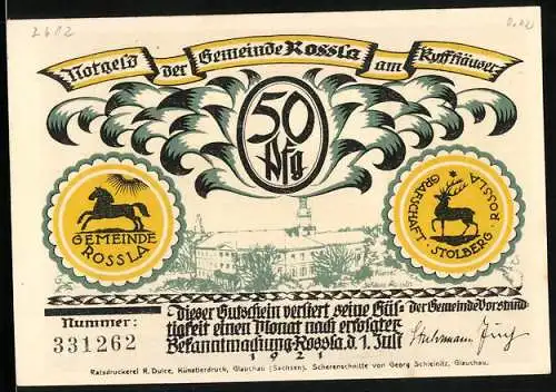 Notgeld Rossla am Kyffhäuser 1921, 50 Pfennig, Schloss Rossla, Der alte Barbarossa der Kaiser Friederich