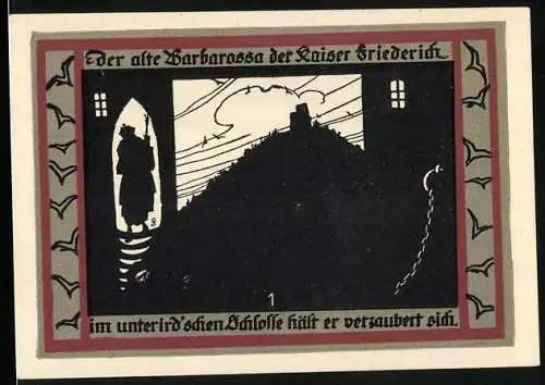 Notgeld Rossla am Kyffhäuser 1921, 25 Pfennig, Der alte Barbarossa der Kaiser Friederich, Kyffhäuser-Denkmal, Kirche