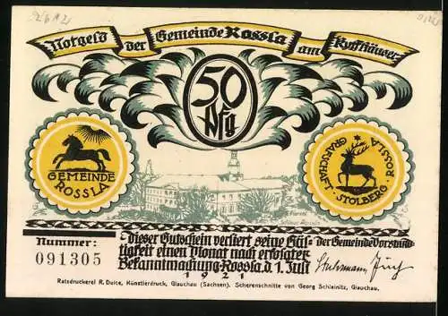 Notgeld Rossla am Kyffhäuser 1921, 50 Pfennig, sein Bart ist durch den Tisch gewachsen, Schloss Rossla