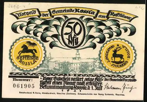 Notgeld Rossla am Kyffhäuser 1921, 50 Pfennig, er hat sich im Schloss zum Schlaf hingelegt, Schloss Rossla