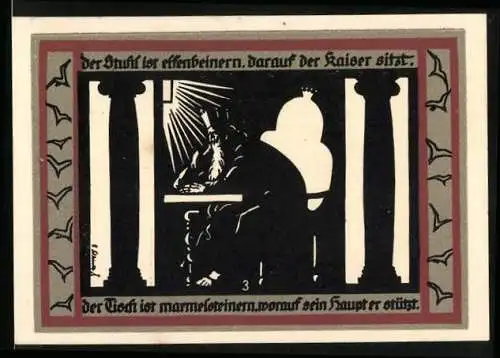 Notgeld Rossla am Kyffhäuser 1921, 50 Pfennig, Schloss Rossla, Kaiser sitzt auf dem Stuhl am Tisch