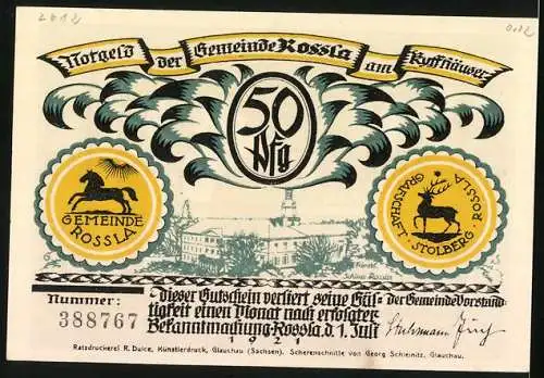 Notgeld Rossla am Kyffhäuser 1921, 50 Pfennig, Schloss Rossla, Kaiser sitzt auf dem Stuhl am Tisch