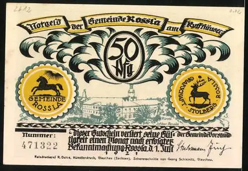 Notgeld Rossla am Kyffhäuser 1921, 50 Pfennig, Wenn die Raben noch fligen dann hundert Jahr Schlaf, Schloss Rossla