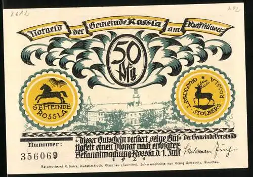 Notgeld Rossla am Kyffhäuser 1921, 50 Pfennig, Schloss Rossla, er hat sich im Schloss zum Schlaf hingelegt