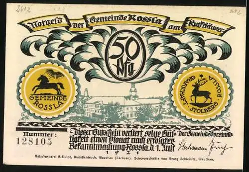 Notgeld Rossla am Kyffhäuser 1921, 50 Pfennig, Wenn die Raben noch fligen dann hundert Jahr Schlaf, Schloss Rossla