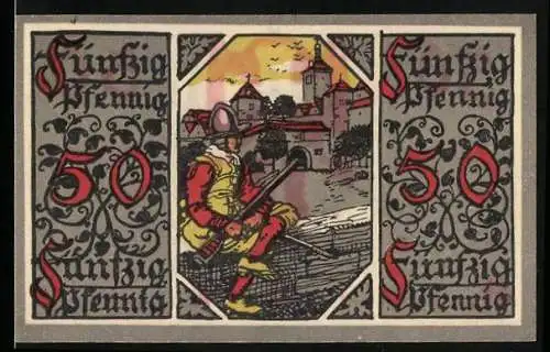 Notgeld Rothenburg o. T. 1918, 50 Pfennig, Krieger auf der Stadtmauer, Wappen der Stadt