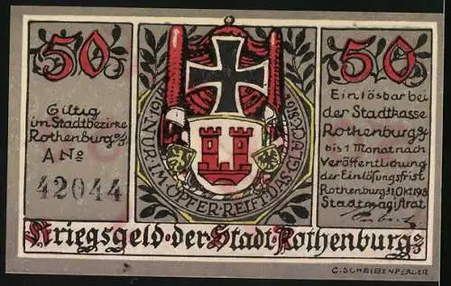 Notgeld Rothenburg o. T. 1918, 50 Pfennig, Krieger auf der Stadtmauer, Wappen der Stadt