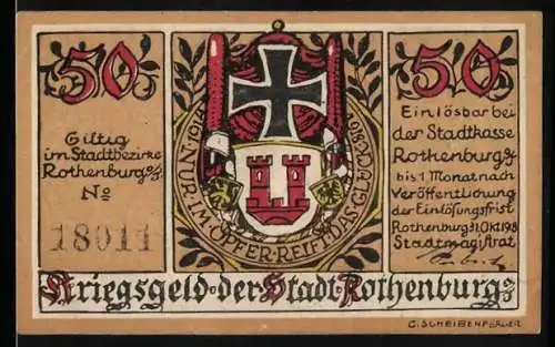 Notgeld Rothenburg o. T. 1918, 50 Pfennig, Stadtwappen, Krieger auf der Stadtmauer