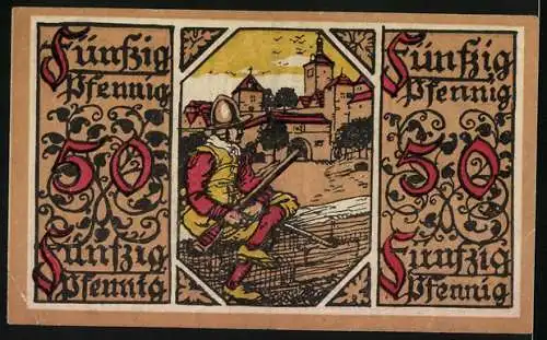Notgeld Rothenburg o. T. 1918, 50 Pfennig, Stadtwappen, Krieger auf der Stadtmauer