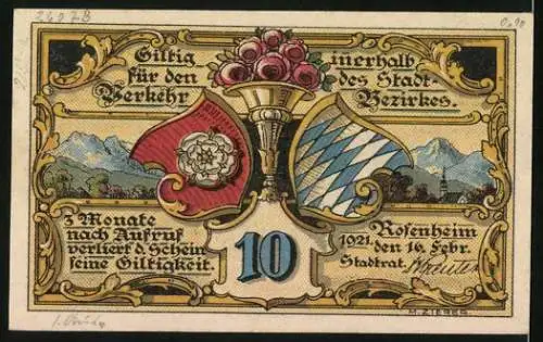 Notgeld Rosenheim 1921, 10 Pfennig, Strassenpartie mit Kirche, Stadt- und Landeswappen