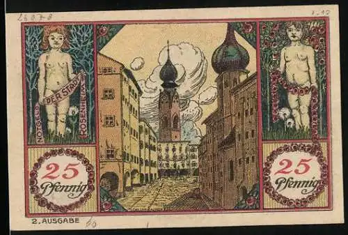 Notgeld Rosenheim 1921, 25 Pfennig, Strassenpartie mit Kirche, Säulengang