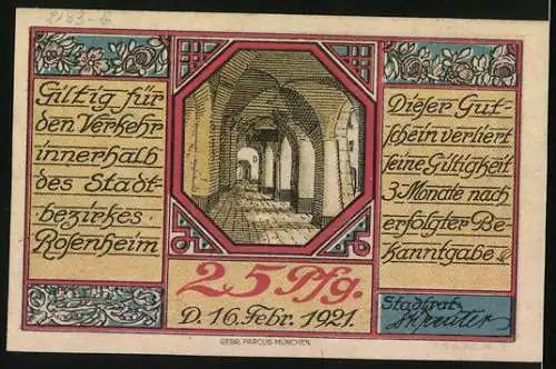 Notgeld Rosenheim 1921, 25 Pfennig, Strassenpartie mit Kirche, Säulengang