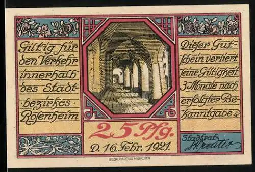 Notgeld Rosenheim 1921, 25 Pfennig, Säulengang, Strassenpartie mit Kirche