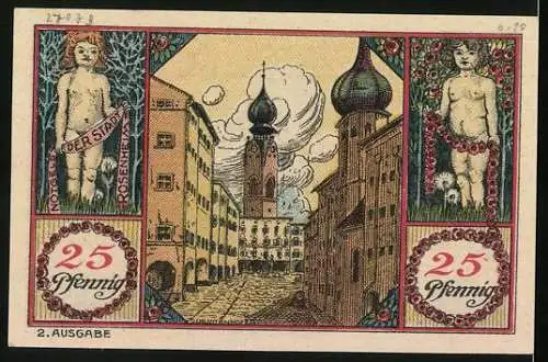 Notgeld Rosenheim 1921, 25 Pfennig, Säulengang, Strassenpartie mit Kirche