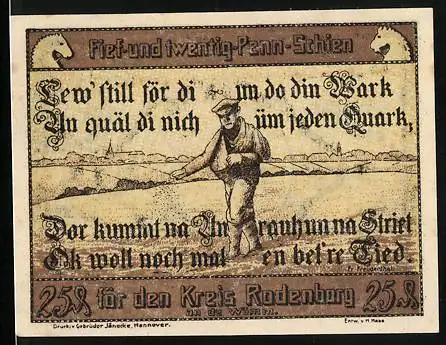 Notgeld Rotenburg i. Hann. 1921 25 Pfennig, Wappen und Bauer beim Sähen