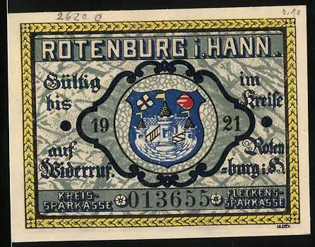 Notgeld Rotenburg i. Hann. 1921 25 Pfennig, Wappen und Bauer beim Sähen