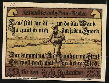 Notgeld Rotenburg i. Hann. 1921 25 Pfennig, Wappen und Bauer beim Sähen