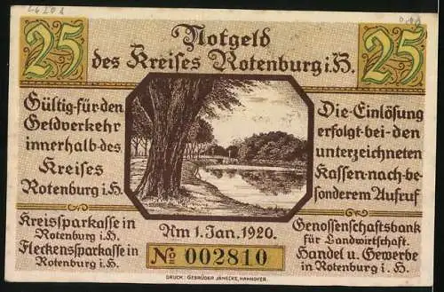 Notgeld Rotenburg i. Hann. 1920, 25 Pfennig, Wappen und Partie am Wasser