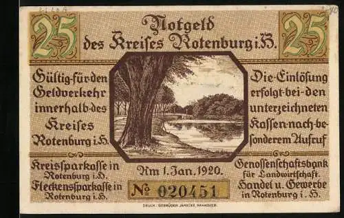 Notgeld Rotenburg i. Hann. 1920, 25 Pfennig, Partie am Wasser und Wappen