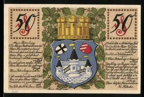 Notgeld Rotenburg i. Hann. 1920, 50 Pfennig, Wappen und Partie am Denkmal