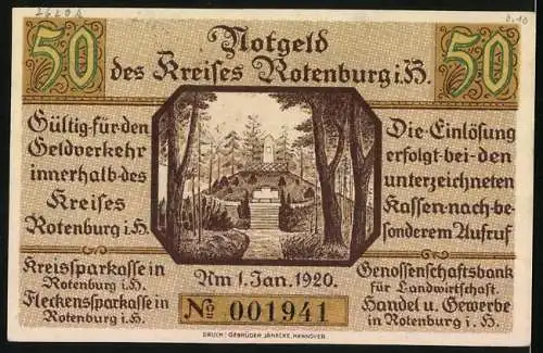 Notgeld Rotenburg i. Hann. 1920, 50 Pfennig, Wappen und Partie am Denkmal