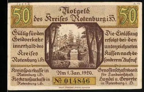 Notgeld Rotenburg i. Hann. 1920, 50 Pfennig, Partie am Denkmal und Wappen