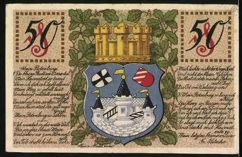 Notgeld Rotenburg i. Hann. 1920, 50 Pfennig, Partie am Denkmal und Wappen