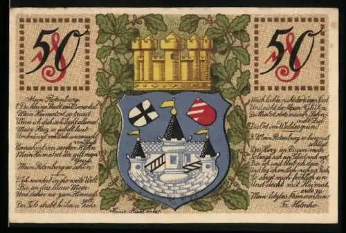 Notgeld Rotenburg i. Hann. 1920, 50 Pfennig, Wappen und Partie am Denkmal