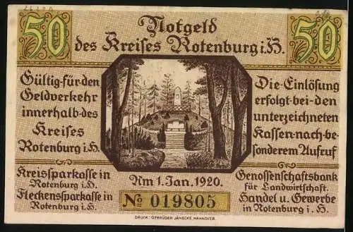 Notgeld Rotenburg i. Hann. 1920, 50 Pfennig, Wappen und Partie am Denkmal