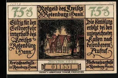 Notgeld Rotenburg i. Hann. 1921, 75 Pfennig, Ortspartie und ein Maurer bei der Arbeit