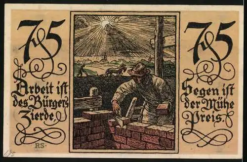 Notgeld Rotenburg i. Hann. 1921, 75 Pfennig, Ortspartie und ein Maurer bei der Arbeit