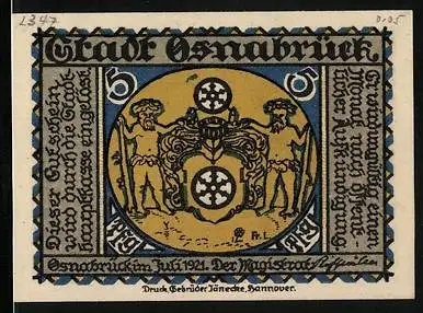 Notgeld Osnabrück 1921, 5 Pfennig, Urmenschen mit Wappen und Lyra-Denkmal