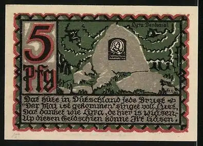 Notgeld Osnabrück 1921, 5 Pfennig, Urmenschen mit Wappen und Lyra-Denkmal
