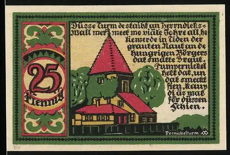 Notgeld Osnabrück 1921, 25 Pfennig, Pernickelturm, Wappen