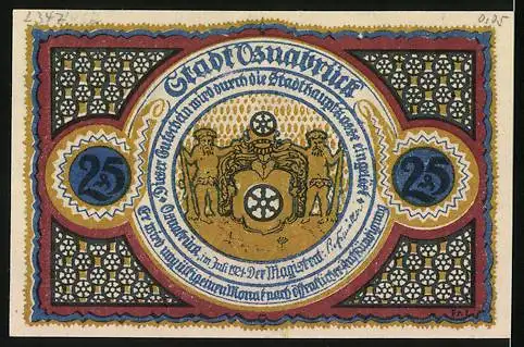 Notgeld Osnabrück 1921, 25 Pfennig, Pernickelturm, Wappen
