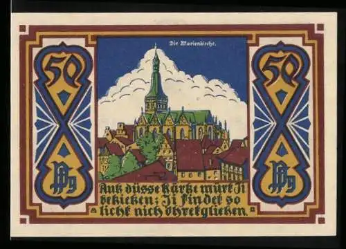 Notgeld Osnabrück 1921, 50 Pfennig, Die Marienkirche und Wappen