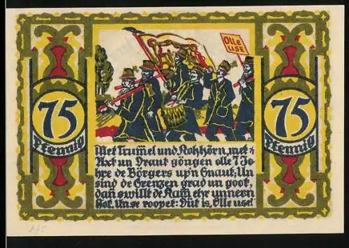 Notgeld Osnabrück 1921, 75 Pfennig, Umzug mit Musikanten und Wappen