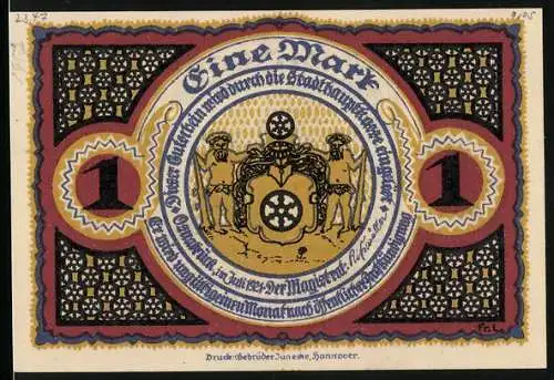 Notgeld Osnabrück 1921, 75 Pfennig, Wappen und Rathaus