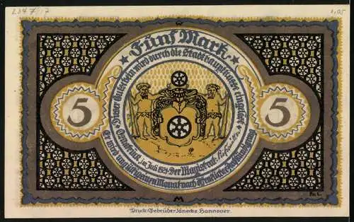 Notgeld Osnabrück 1921, 5 Mark, Verkündigung des westfälischen Friedens von der Rathaustreppe und Wappen