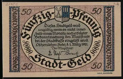 Notgeld Oschersleben (Bode) 1921, 50 Pfennig, Wappen und Ortspartie an der Bode